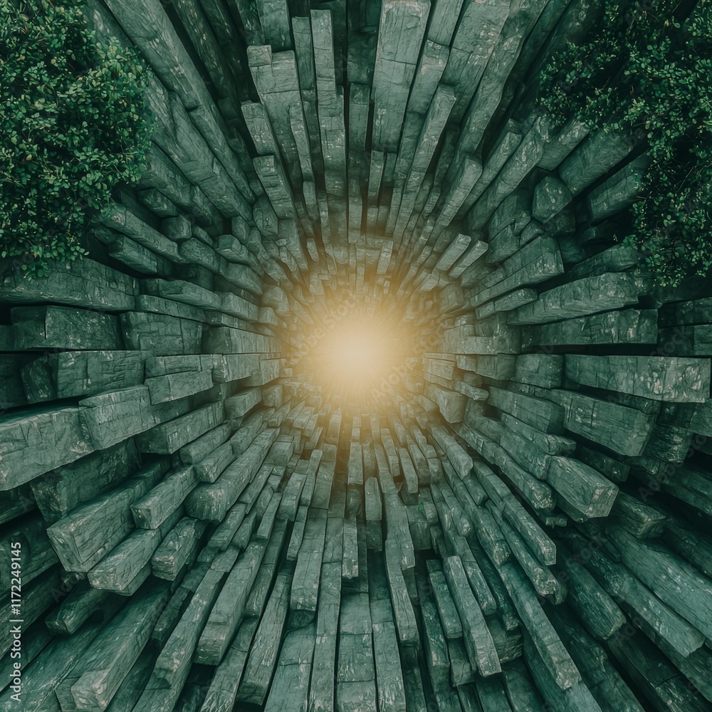 Obraz premium Abstract Stone Tunnel Light at the End 3D Render Green Nature Architecture Design