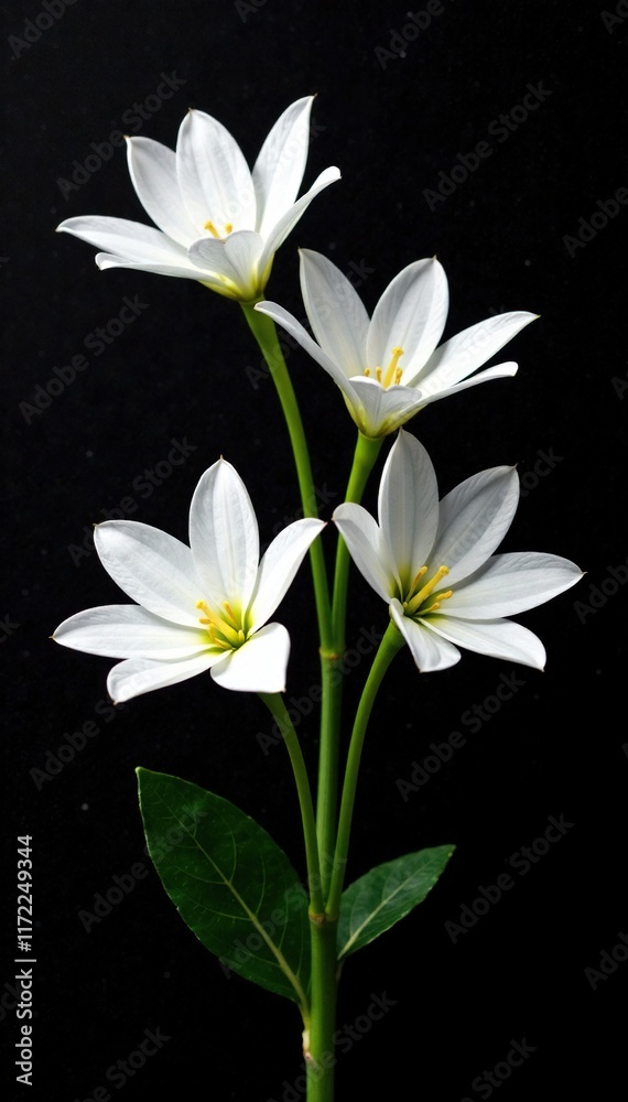 Five white flowers intertwined with each other on black canvas, stems, simple Five white flowers intertwined with each other on black canvas, stems, simple