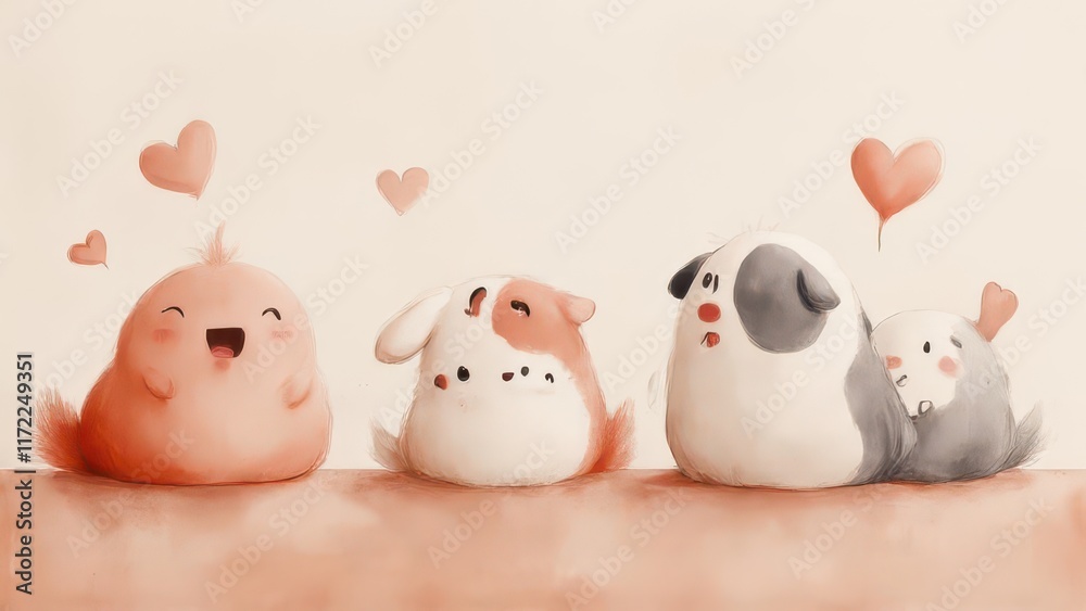 Cute pets, hearts, pastel, digital art, card design. Cute pets, hearts, pastel, digital art, card design.