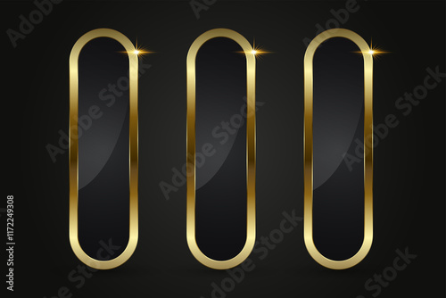 Threesleek, rounded rectangular button with a reflective black surface, bordered by a polished gold outline and accented with a golden glow.