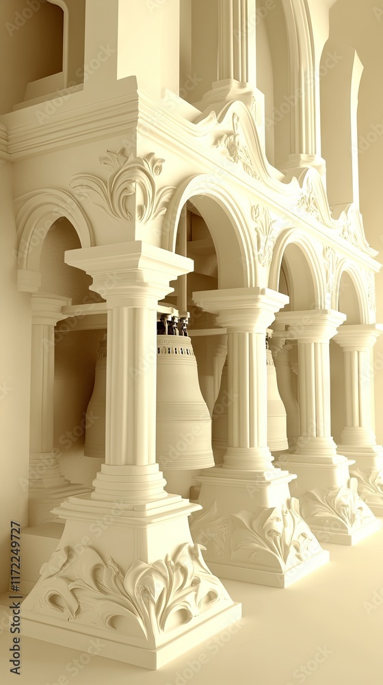 Fototapeta premium A serene architectural structure featuring ornate columns and bells in a soft light.