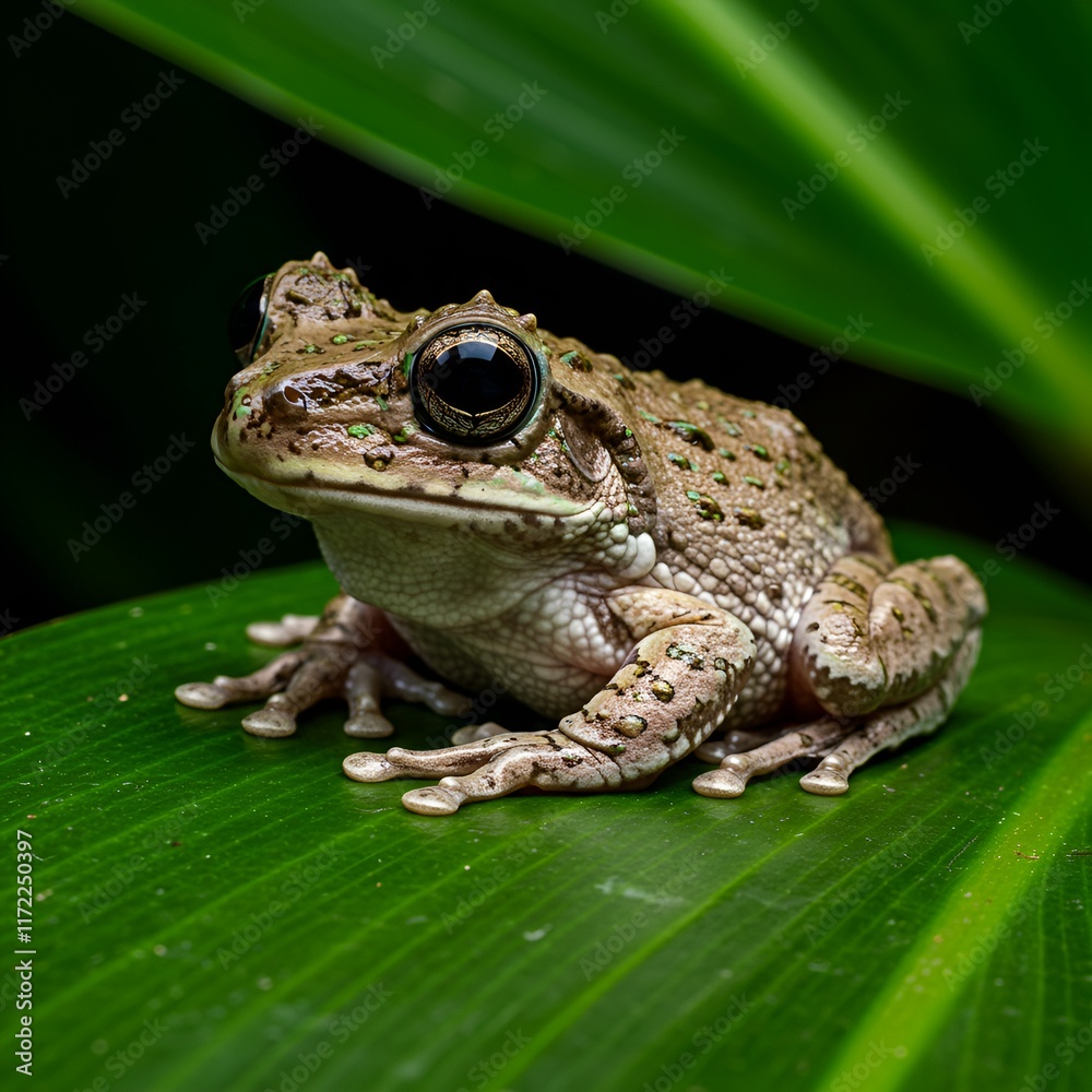 Fototapeta premium Frog on green leaf 
