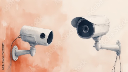 Wall-mounted security cameras, orange background, surveillance. photo