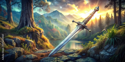 Mystical silver sword, wooden hilt, gleaming in a surreal, dreamlike photograph; a fantastical weapon. photo