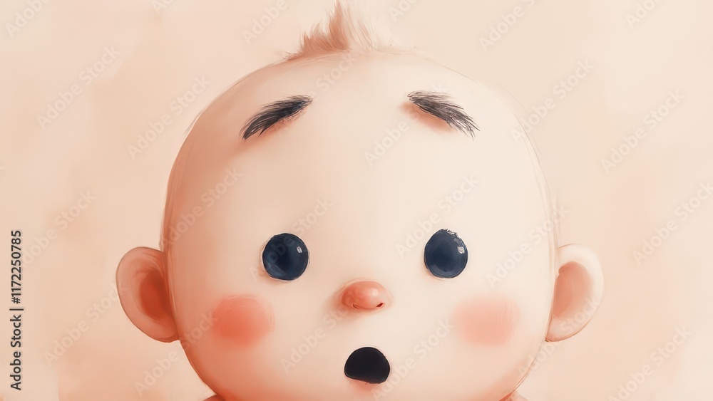Baby portrait, surprised expression, soft background, digital art, illustration. Baby portrait, surprised expression, soft background, digital art, illustration.