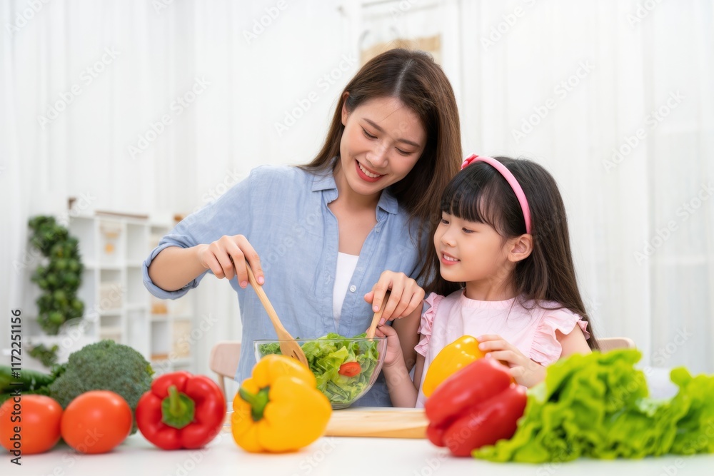 Mother and Daughter Cooking Together with Fresh Vegetables at Home Mother and Daughter Cooking Together with Fresh Vegetables at Home
