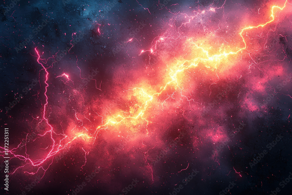 Fototapeta premium Fiery lightning strikes through colorful nebula space background, energy VFX