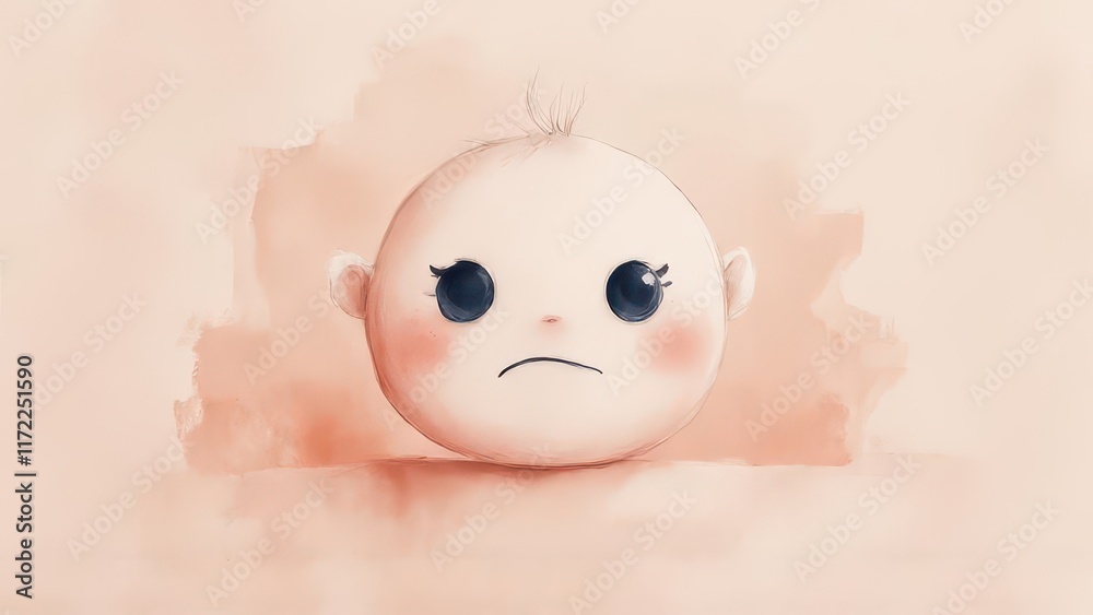 Grumpy baby illustration, peach background, digital art, parenting. Grumpy baby illustration, peach background, digital art, parenting.