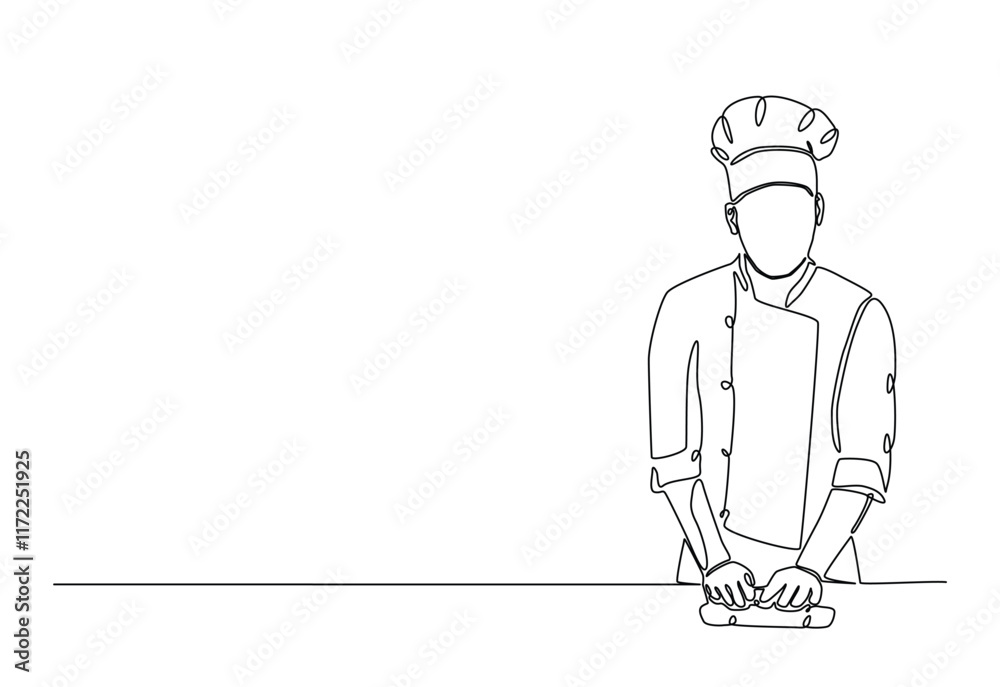 Bakery workers kneading dough in continuous one line drawing. Single line art illustration of chef rolling dough using wooden rolling pins. Editable vector. Bakery workers kneading dough in continuous one line drawing. Single line art illustration of chef rolling dough using wooden rolling pins. Editable vector.