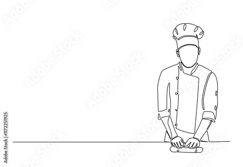 Bakery workers kneading dough in continuous one line drawing. Single line art illustration of chef rolling dough using wooden rolling pins. Editable vector.