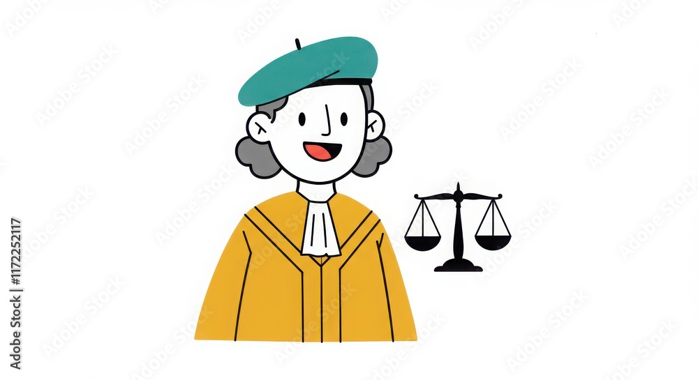 Minimalist cartoon illustration, smiling judge character, teal beret, yellow robe, balance scales Minimalist cartoon illustration, smiling judge character, teal beret, yellow robe, balance scales