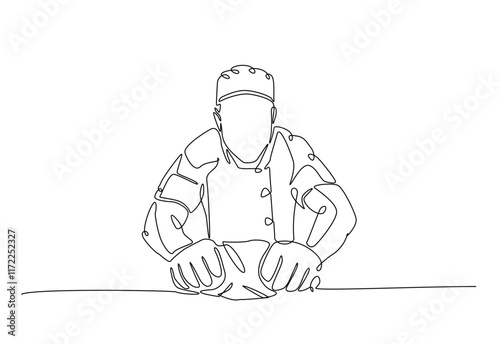 Bakery workers kneading dough in continuous one line drawing. Single line art illustration of chef rolling dough using wooden rolling pins. Editable vector.