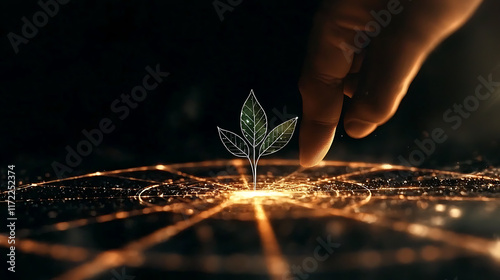 Nurturing Growth Hand Planting Seedling in Digital Landscape Illuminated Environment Futuristic Concept