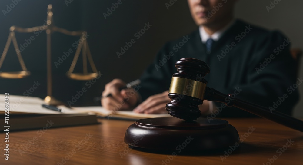 courtroom setting, judge's gavel in focus, blurred figure in background, wooden bench courtroom setting, judge's gavel in focus, blurred figure in background, wooden bench