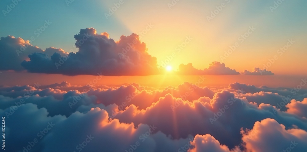 Fototapeta premium Morning sun shining through a gap in layered clouds, , clear sky path