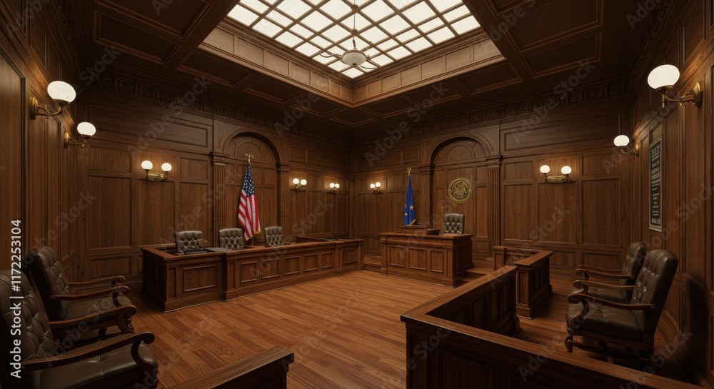 Courtroom interior, ornate wood paneling, American flag, judge's bench, leather chairs, wall