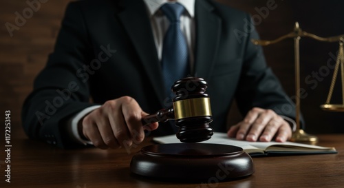 Wallpaper Mural Legal professional, courtroom, gavel, justice symbol, blurred background, dramatic lighting Torontodigital.ca