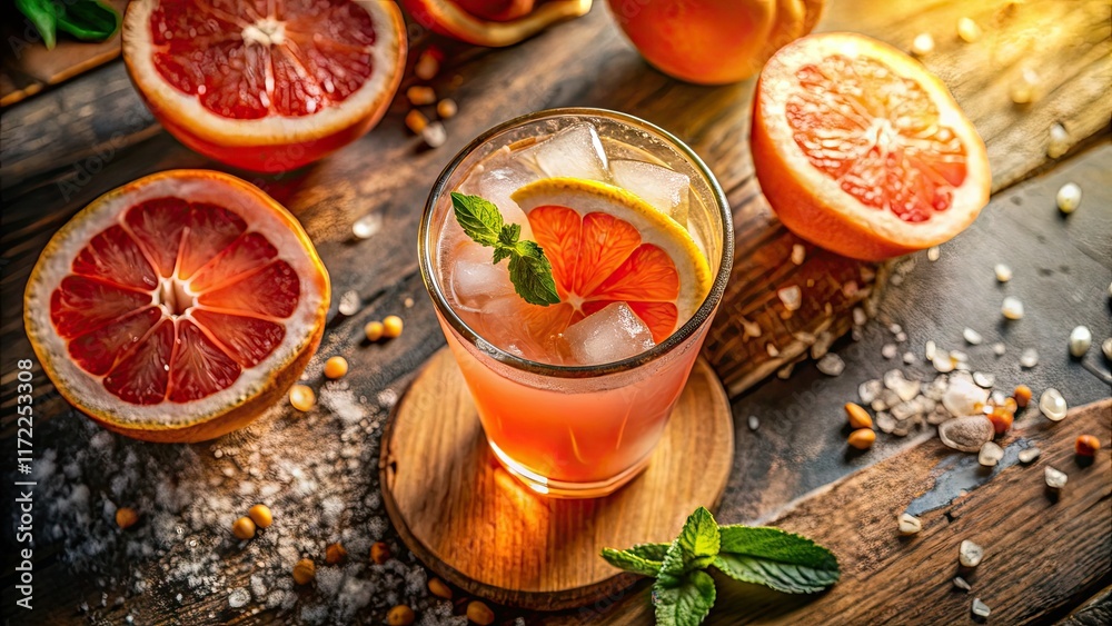 Refreshing aerial view: grapefruit soda, salted rim, and citrus slice, captured by a drone. Refreshing aerial view: grapefruit soda, salted rim, and citrus slice, captured by a drone.