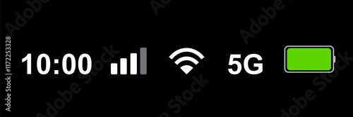 Status bar icon isolated on white background. Phone bar status Icons, battery drain in green, Mobile indicator of time, Wi-Fi signal. Vector Illustration