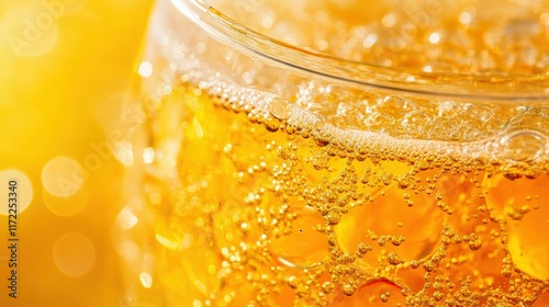 Close-up of Refreshing Golden Beverage with Bubbles in a Transparent Glass Against a Bright Yellow Background for Summer and Party Themes photo