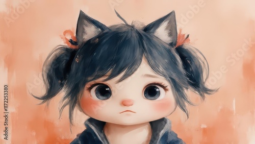 Sad girl, cat ears, digital art, peach background, child portrait. photo