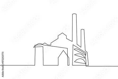 Continuous One Line Drawing of Factory Building Black Sketch Isolated on White Background. Industrial Factory Minimalist Simple Linear Vector Illustration for Modern Business Design