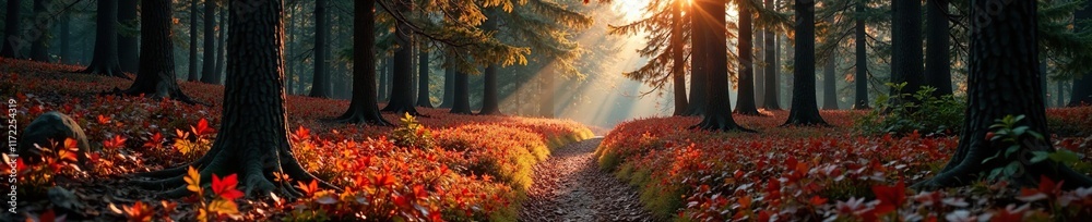 Fototapeta premium Red pine forest with a winding path through the undergrowth, forest, scenery