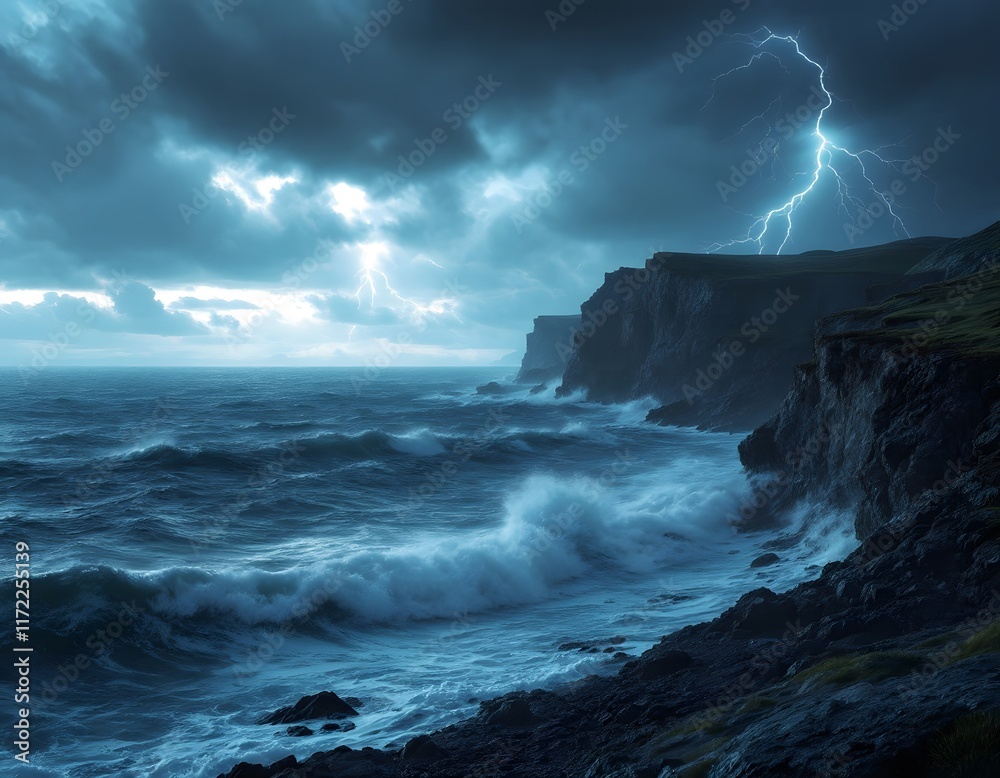 Fototapeta premium Dramatic Coastal Storm: Cliffs, Waves, and Lightning
