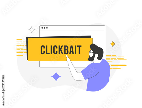 Click bait marketing concept with man clicking on exaggerated text. Digital advertising tactics, attention-grabbing clickbait headlines, user engagement, online viral click bait content strategies