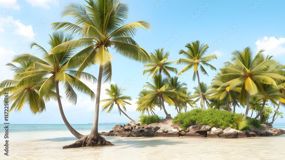 Fototapeta premium A tropical island with palm trees and clear water, detailed 8K, vibrant and isolated on white background