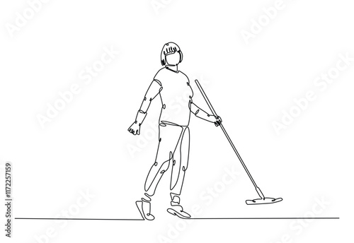 Woman mopping floor in continuous one line drawing. Single line art illustration of cleaning service worker. Editable vector.