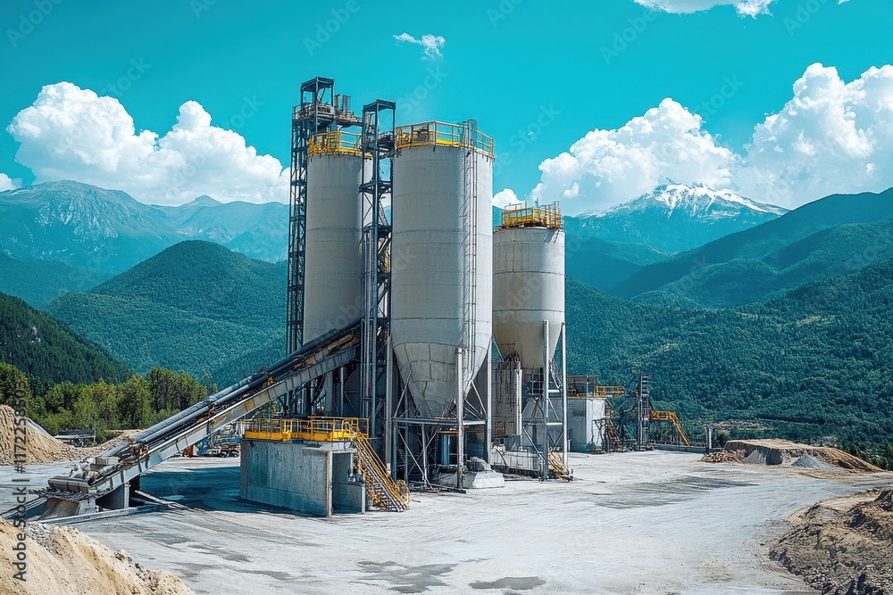 Obraz premium Industrial plant with silos against mountains. Illustrates industrial processes, resource extraction, or construction.