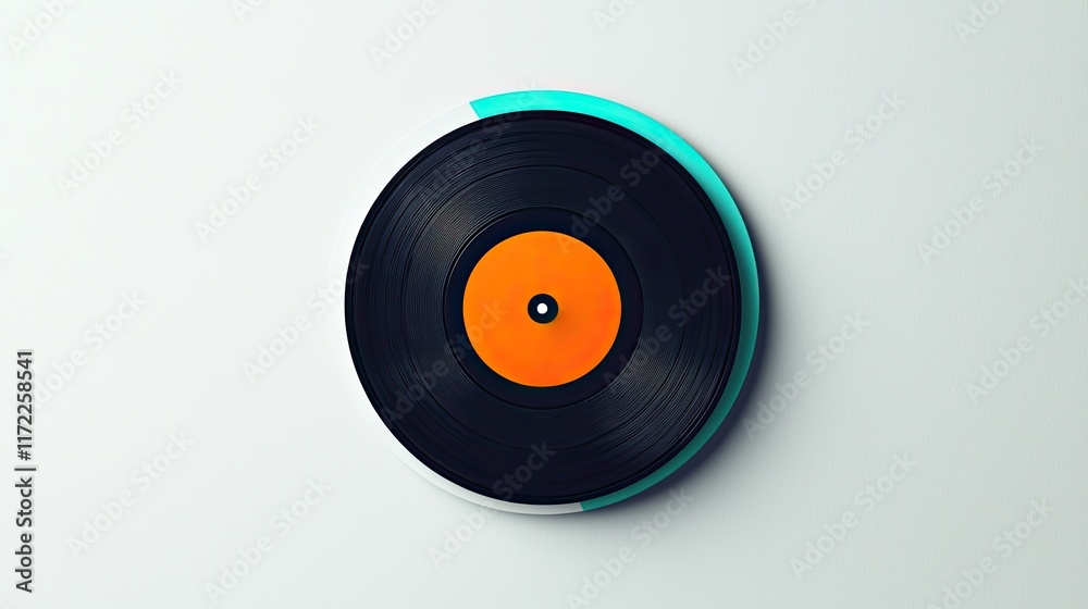 Fototapeta premium A vinyl record with an orange center and a turquoise edge, resting on a light background.