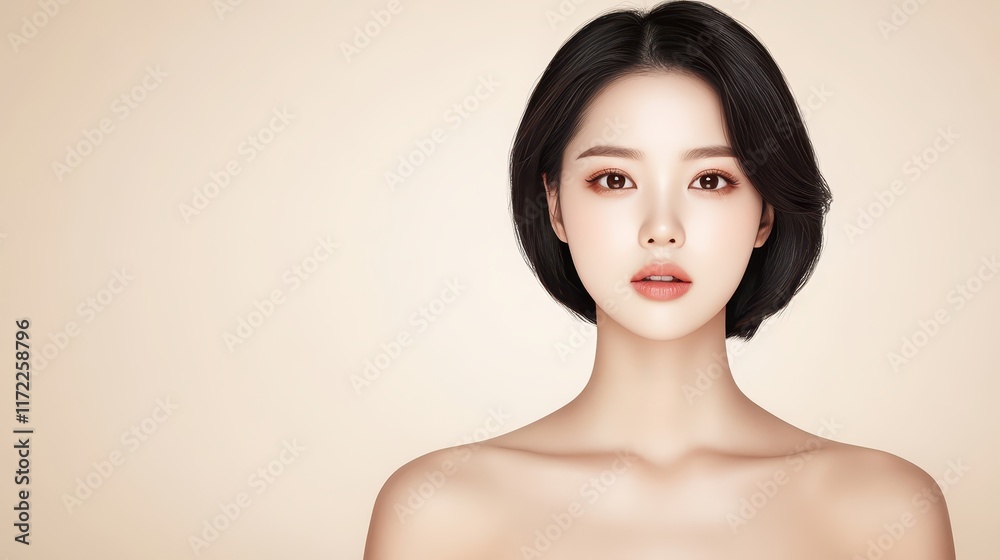 Naklejka premium Striking portrait, woman with short black hair and pink lips a captivating closeup