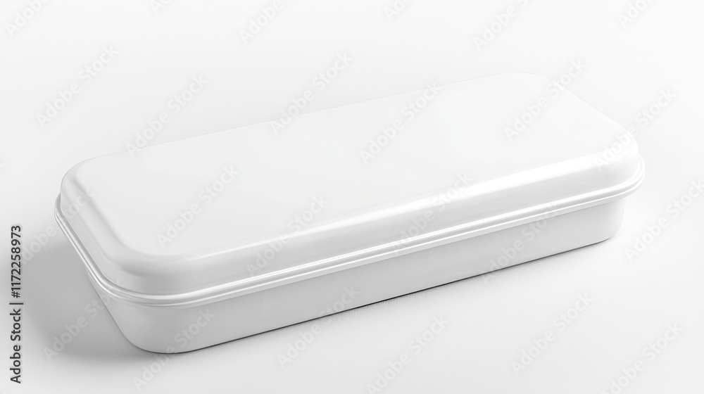 A simple, white rectangular container with a lid, suitable for storage or packaging. A simple, white rectangular container with a lid, suitable for storage or packaging.