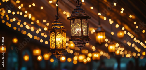 Rows of glowing lanterns hanging from an ornate wooden ceiling in a beautifully decorated Ramadan tent, creating a warm and inviting atmosphere.
