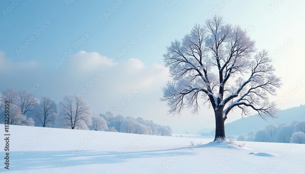 Winter landscape with bare and snow-covered trees, tree isolation, cold weather, snowy landscape Winter landscape with bare and snow-covered trees, tree isolation, cold weather, snowy landscape