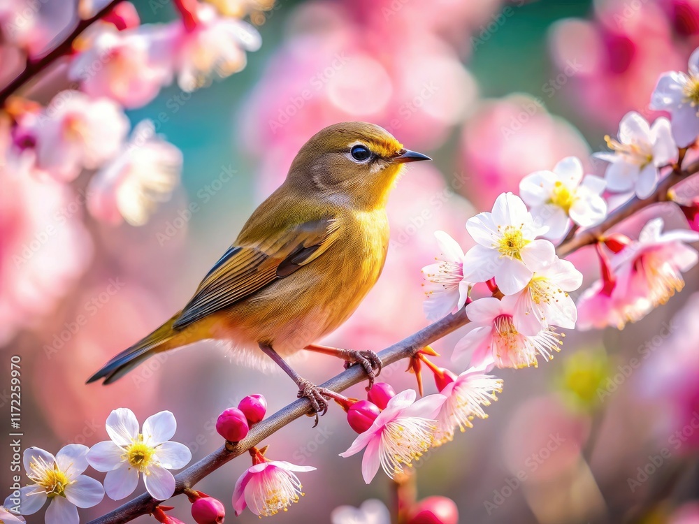 Tilt-shift magic transforms a warbler in plum blossoms into a charming miniature scene. Tilt-shift magic transforms a warbler in plum blossoms into a charming miniature scene.