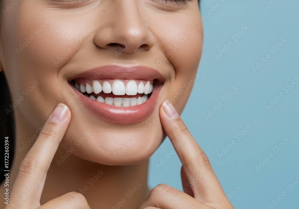 Obraz premium Close-up smile, perfect white teeth, fingers touching cheeks, flawless skin, soft lighting