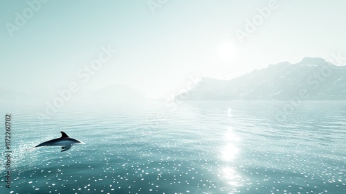 A dolphin gracefully leaps above calm waters, surrounded by misty mountains and sunlight.