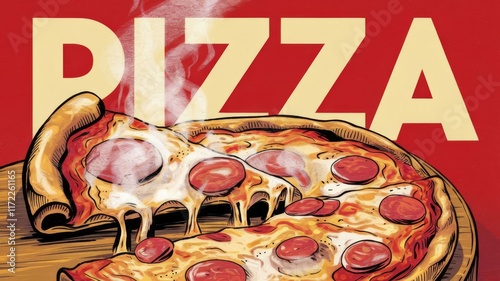 Illustration of a hot pizza slice with steam, featuring large bold 