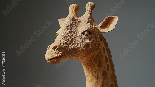 Carved wooden giraffe sculpture, studio shot, neutral background, home decor. photo