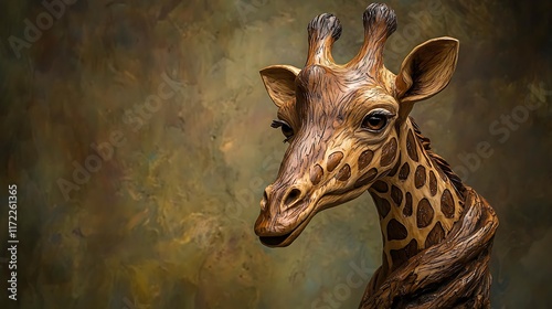 Wooden giraffe sculpture, studio, textured backdrop, art. photo