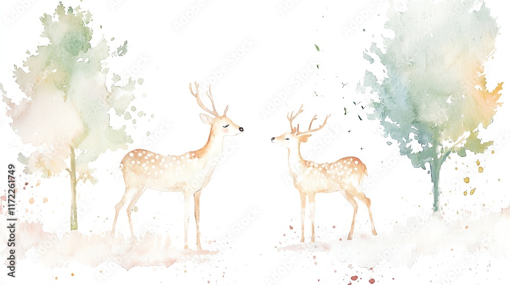 Two elegant deer amid soft, colorful splashes of watercolor in a serene natural setting.