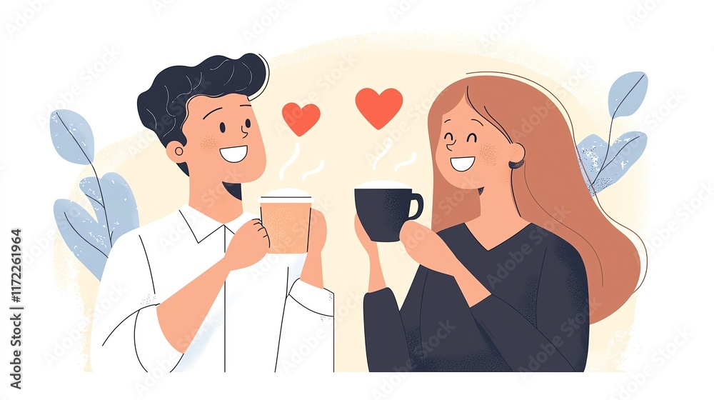 Happy couple enjoying coffee together, smiling and sharing affection with hearts in the background. Happy couple enjoying coffee together, smiling and sharing affection with hearts in the background.