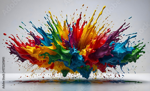 Abstract splash of bright paints on a light background. Generated by AI. photo