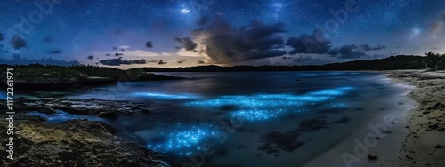 A surreal view of the bioluminescent bay in Vieques, Puerto Rico, Coastal scene