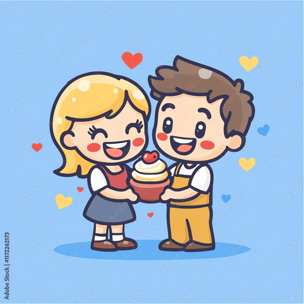 Cheerful couple sharing a cupcake, surrounded by hearts on a blue background. Cheerful couple sharing a cupcake, surrounded by hearts on a blue background.