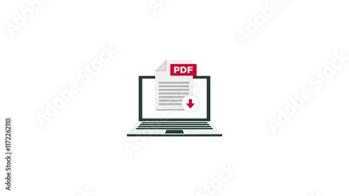 Download PDF on laptop screen. Downloading document concept. Motion graphics.