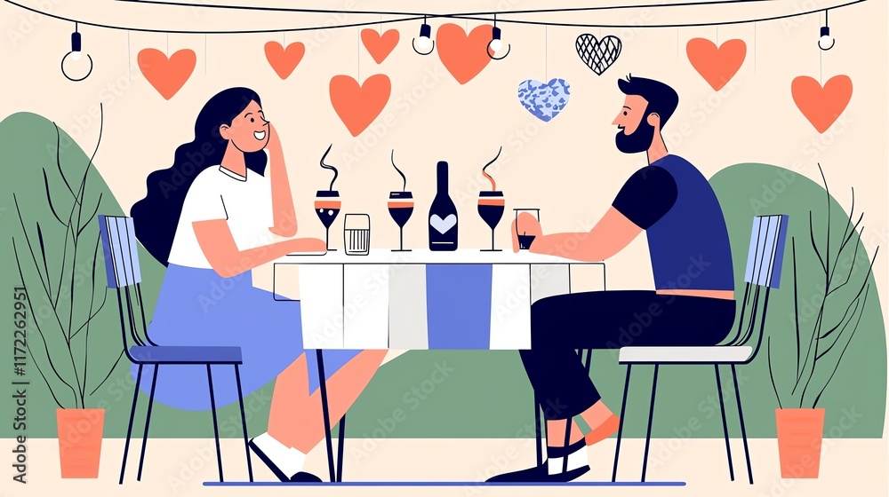 Couple enjoying a romantic dinner with drinks, surrounded by decorations and hearts. Couple enjoying a romantic dinner with drinks, surrounded by decorations and hearts.